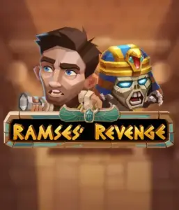 Uncover the thrilling world of the Ramses' Revenge game by Relax Gaming, highlighting a frightened explorer and a menacing mummy set against an Egyptian tomb backdrop. This image depicts the adventure of tomb exploration, perfect for adventure seekers, providing a thrilling escape. 